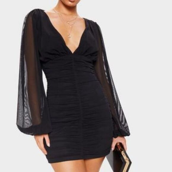 BRAND NEW LOVE X DESIGN RUCHED BODYCON LONG SLEEVE V NECK MINI  COCKTAIL DRESS - Picture 1 of 15